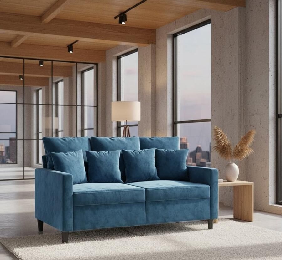 Industrialhome 2-zitsbank fluweel blauw – Luxe Loungesofa met armleuningen metalen frame & rugkussens – Moderne designbank voor woonkamer – Comfortabele tweezitsbank van zacht fluweel