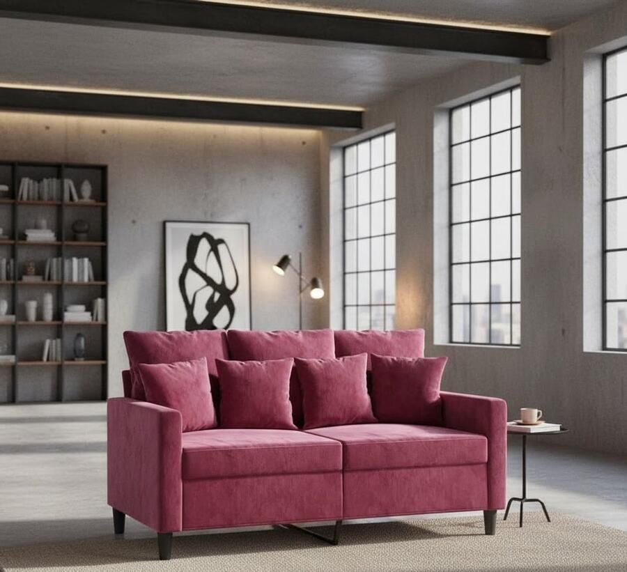 Industrialhome 2-zitsbank fluweel wijnrood – Luxe Loungesofa met metalen frame & rugkussens – Comfortabele moderne designbank voor woonkamer – Elegante tweezitsbank van zacht fluweel