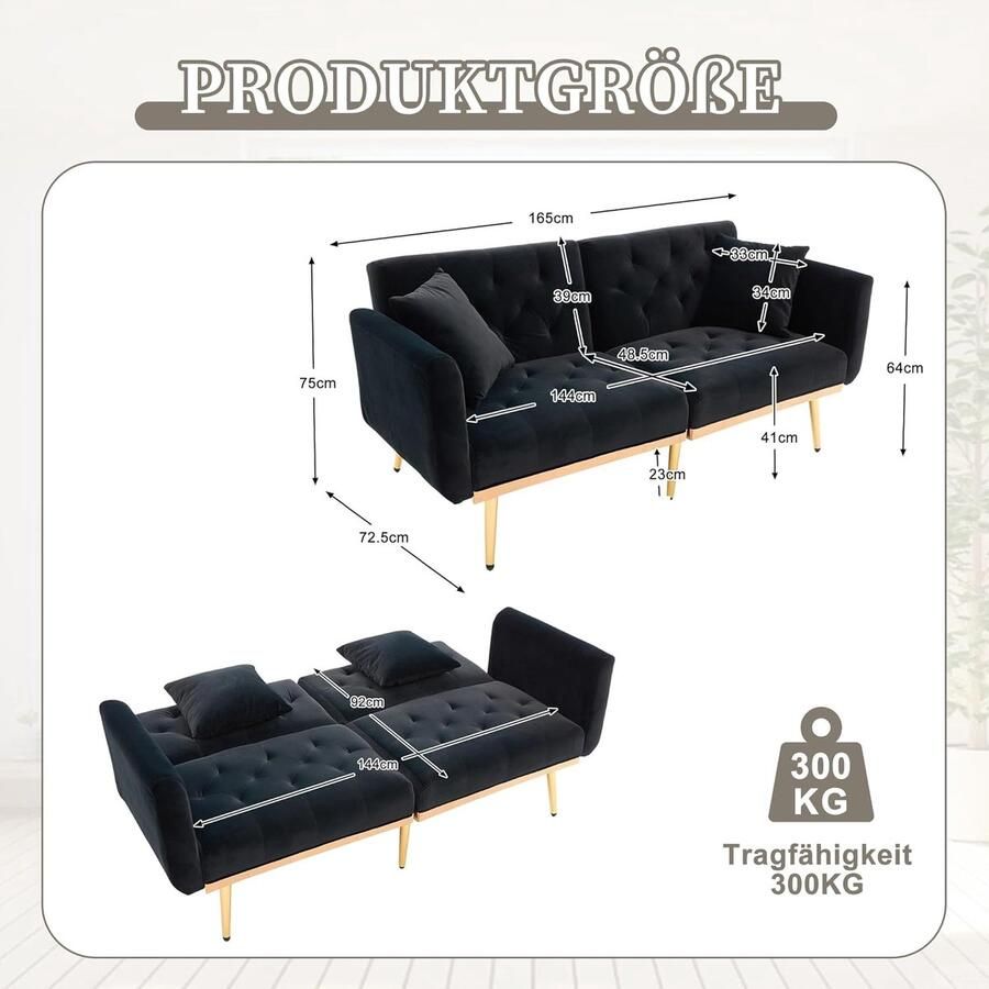 Industrialhome 2-Zitsbank Fluweel Zwart – Luxe Verstelbare Slaapbank met Rugleuning – Moderne Gestoffeerde Bank voor Woonkamer Logeerkamer & Slaapkamer – Compact Comfortabel & Duurzaam Design