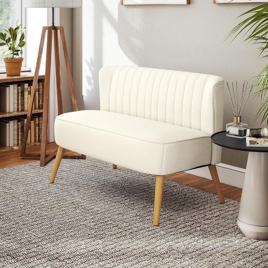 Industrialhome 2-Zitsbank Luna Crème – Kleine Loveseat met Linnenlook Moderne Gestoffeerde Sofa voor Woonkamer Slaapkamer & Kleine Ruimte Comfortabel Design Houten Poten 117x56 5x77 cm