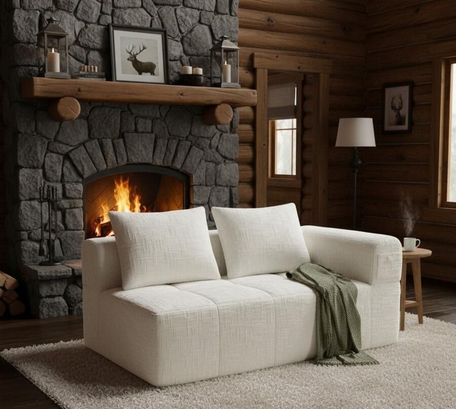 Industrialhome 2-zitsbank Luxe Chenille Beige – 158x90x60 cm – Gestoffeerde Fauteuil met Kussen & Zijzakken – Modern Design Bank Zonder Montage voor Woonkamer & Slaapkamer