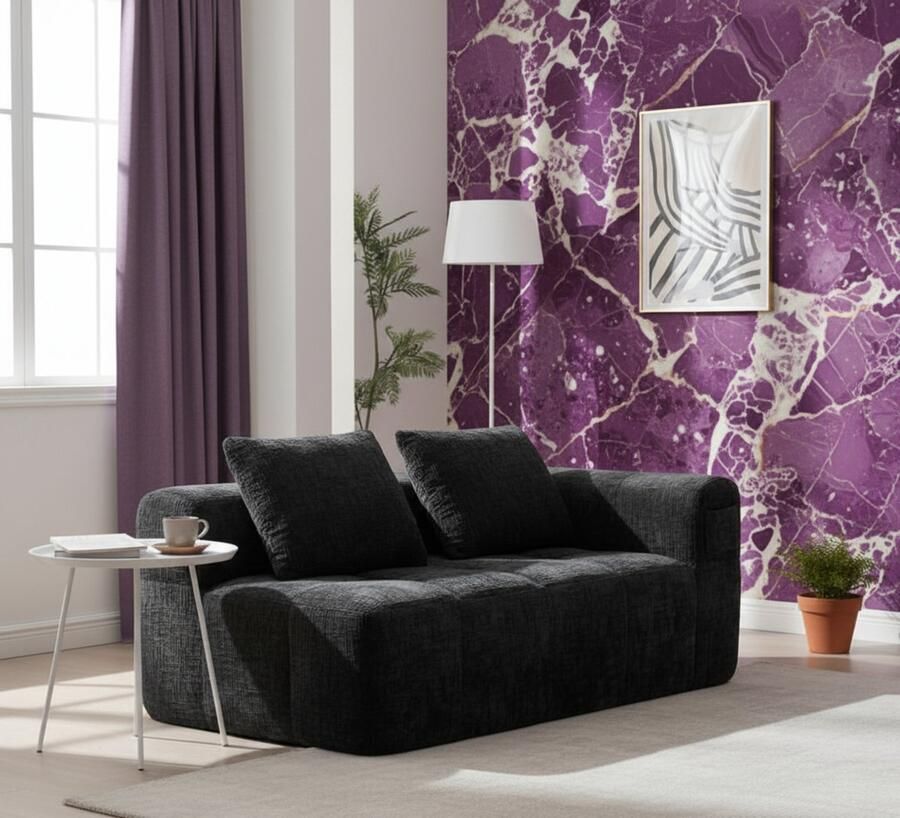 Industrialhome 2-zitsbank Luxe met Meridiaan Chenille Zwart – 158x90x60 cm – Gestoffeerde Comfortbank met Kussen en Zijzakken voor Afstandsbediening en Telefoon – Modern Woonkamermeubel