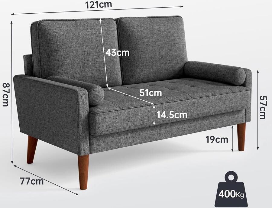 Industrialhome 2-zitsbank Oslo – Moderne Stoffen Bank met 2 Sierkussens – Donkergrijs – Comfortabele Compacte Bank met Armleuningen – Kleine Woonkamerbank – Ruimtebesparende Tweezitsbank – 121x77x87 cm