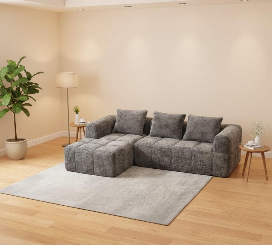 Industrialhome 3-zitsbank in U-vorm 250x158x60 cm – Luxe Chenille Hoekbank met 3 Kussens & Zijzakken – Grijs – Comfortabele Gestoffeerde Modulaire Sofa Zonder Montage – Moderne Design Bank voor Woonkamer