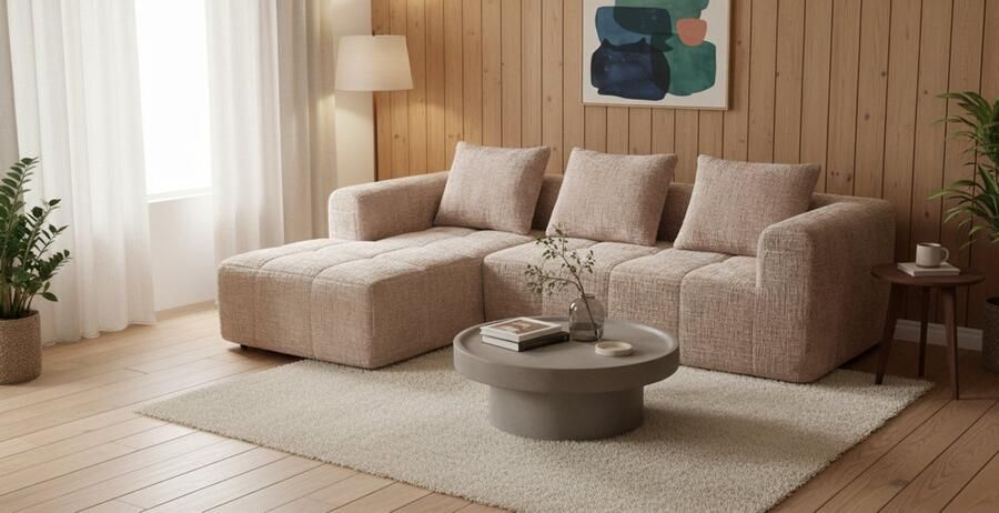 Industrialhome 3-zitsbank Luxe U-vorm Chenille Kaki – 250x158x60 cm – Gestoffeerde Bank met Meridiaan Armleuningen 3 Kussens & Zijzakken – Moderne Comfortbank voor Woonkamer Slaapkamer of Studio