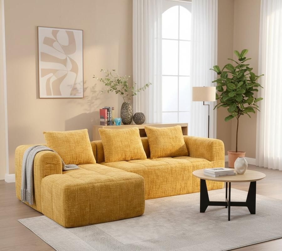 Industrialhome 3-zitsbank U-vorm Luxe Chenille Geel – 250x158x60 cm – Moderne Hoekbank met Meridiaan Zijzakken & 3 Kussens – Comfortabele Gestoffeerde Bank voor Woonkamer