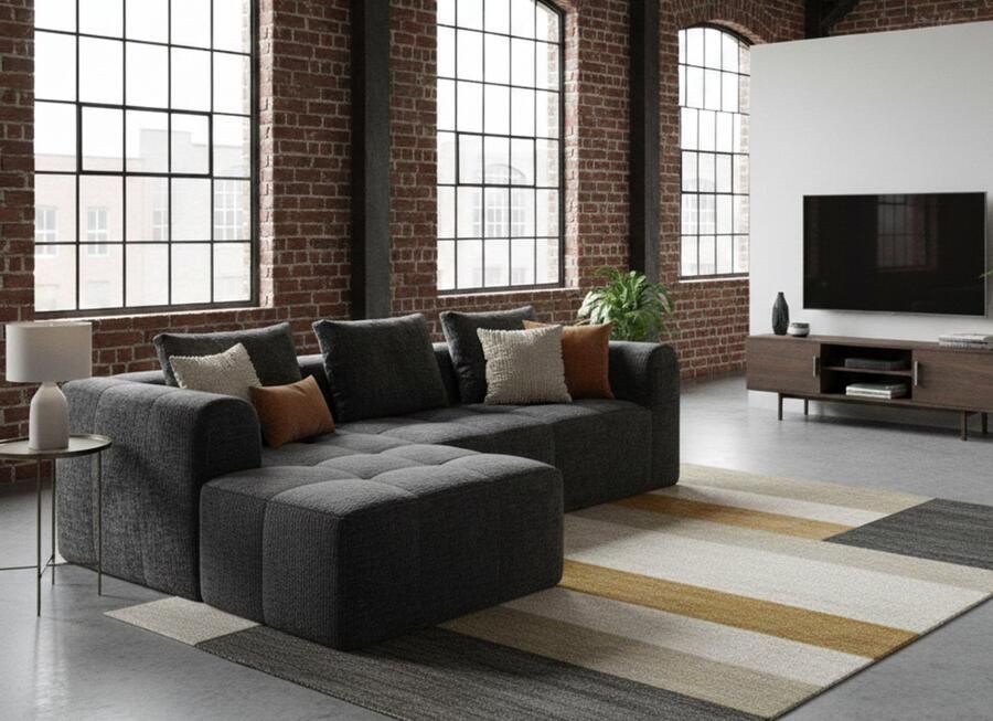 Industrialhome 3-zitsbank U-vorm Luxe Modulair Gestoffeerde Chenille Bank Zwart met Meridiaan Armleuningen en 3 Kussens – Modern Design – 250x158x60 cm – Opbergzakken – Woonkamer Villa Studio