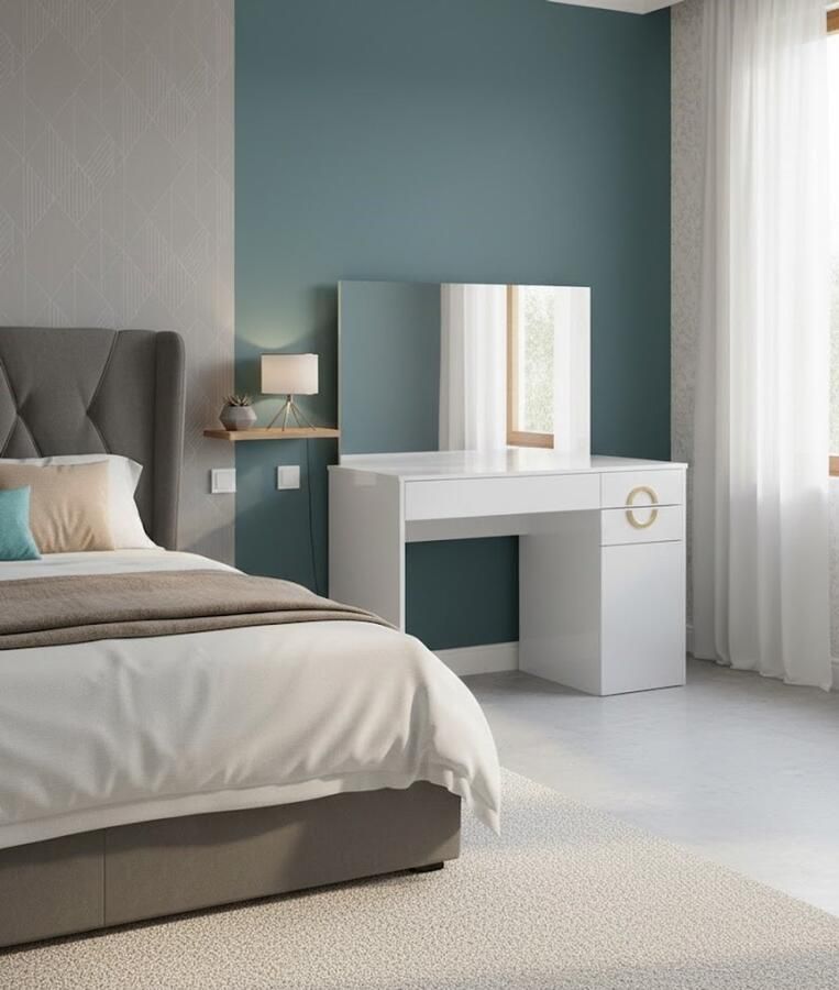 Industrialhome Adela Luxe Kaptafel – 115 cm – Wit Hoogglans – Make-uptafel met Grote Spiegel & Lades – Moderne Kaptafel voor Slaapkamer – Elegante Spaanplaat Hoogglans Witte Afwerking