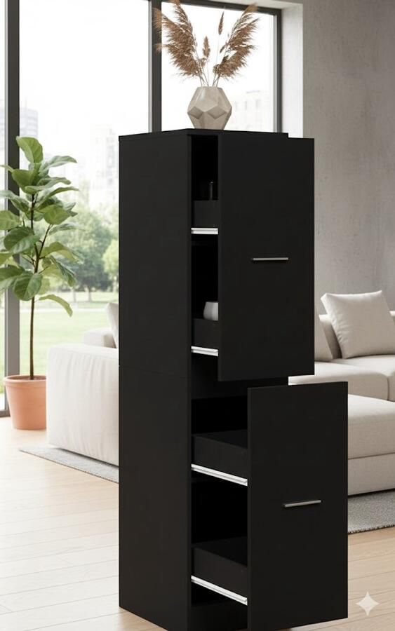 Industrialhome Apothekerskast Zwart 30x41x144 5 cm – Moderne Opbergkast met 4 Laden – Keukenkast & Opbergmeubel – Smalle Hoge Kast van Bewerkt Hout – Anti-Kantel Systeem – Duurzame Opslagkast