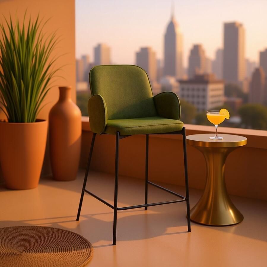 Industrialhome Barkruk Camden – Army Green Microvezel – Zwart Metalen Frame – Barstoel met Armleuningen – Industrieel Design – Zithoogte 65 cm – 51x53x94 cm