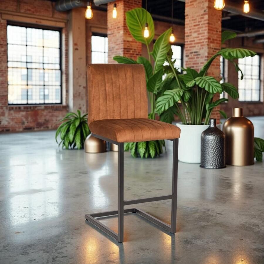 Industrialhome Barkruk Lennox Oker Velours 66 cm Zithoogte Fluwelen Stoffering Sledeframe Zwart Metaal Industrieel Design Comfortabele Hoge Kruk met Rugleuning