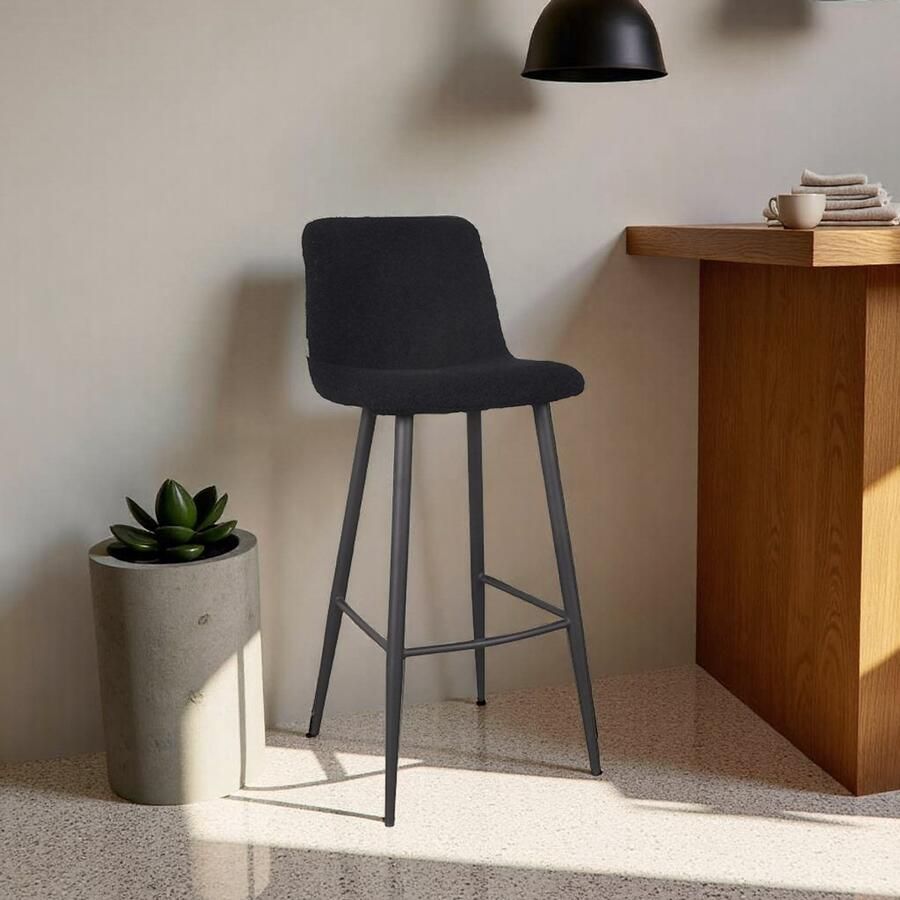 Industrialhome Barkruk Luxe Jep – Zwart Teddy – Comfortabele Design Barkruk met Rugleuning – Moderne Hoge Kruk 78 cm – Zwart Metaal