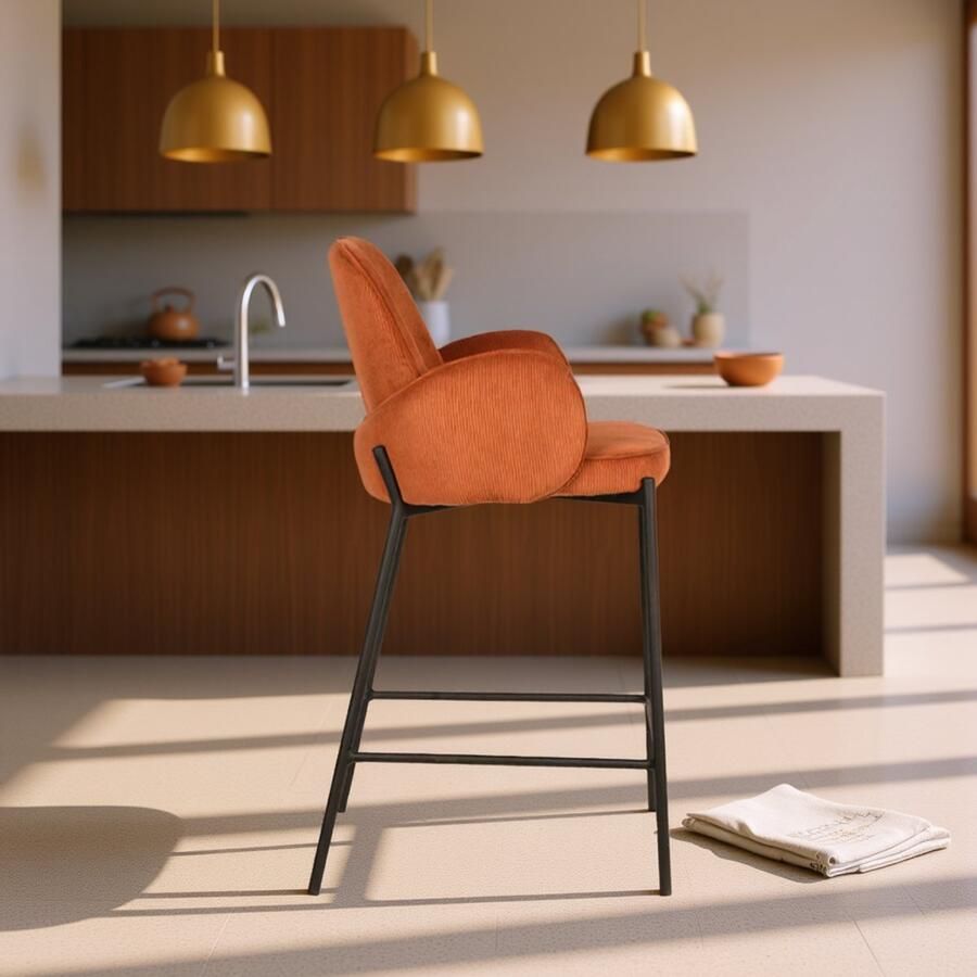 Industrialhome Barkruk Lyon Rust Ribcord – Retro Stijlvolle Barkruk met Zwart Metaal Frame – Comfortabele Barstoel met Armleuningen en Voetensteun – Zithoogte 65 cm