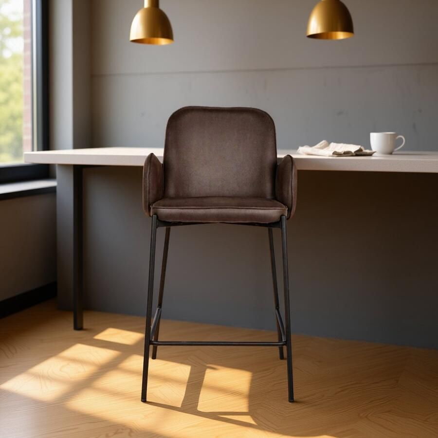 Industrialhome Barkruk Milano 65 cm – Antraciet Microvezel Zwart Metalen Frame – Luxe Design Barkruk met Armleuningen en Voetensteun – Comfortabele en Stoere Barkruk voor Bar en Keuken