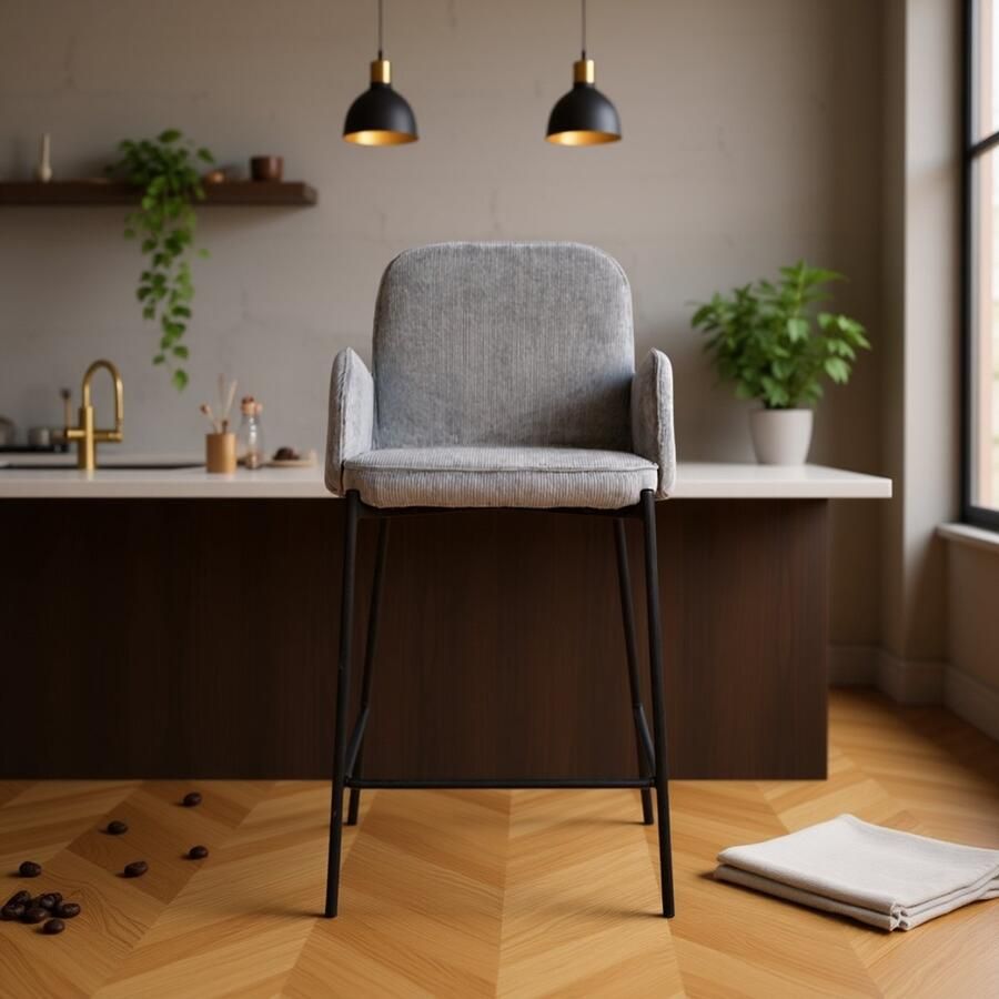 Industrialhome Barkruk Soho Luxe – Donkergrijs Ribcord – Zwart Metalen Frame – Barstoel met Armleuningen – Zithoogte 65 cm – Design Barkruk Industrieel & Comfortabel – 51x53x94 cm