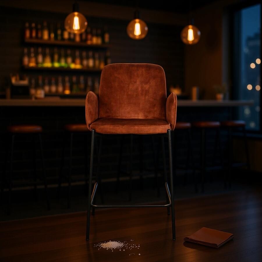 Industrialhome Barkruk Valencia – Luxe Retro Velours Barkruk in Rust Kleur met Zwart Metaal Onderstel – Comfortabele Barkruk met Armleuningen en Ronde Zitting – Industrieel Design – Zithoogte 65 cm