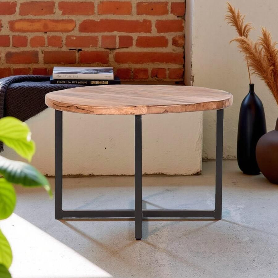 Industrialhome Bijzettafel Nox Rond – 60x60x40 cm – Ruw Mangohout & Zwart Metaal – Industrieel Design – Handgemaakt – Stoere Houten Tafel voor Woonkamer of Slaapkamer