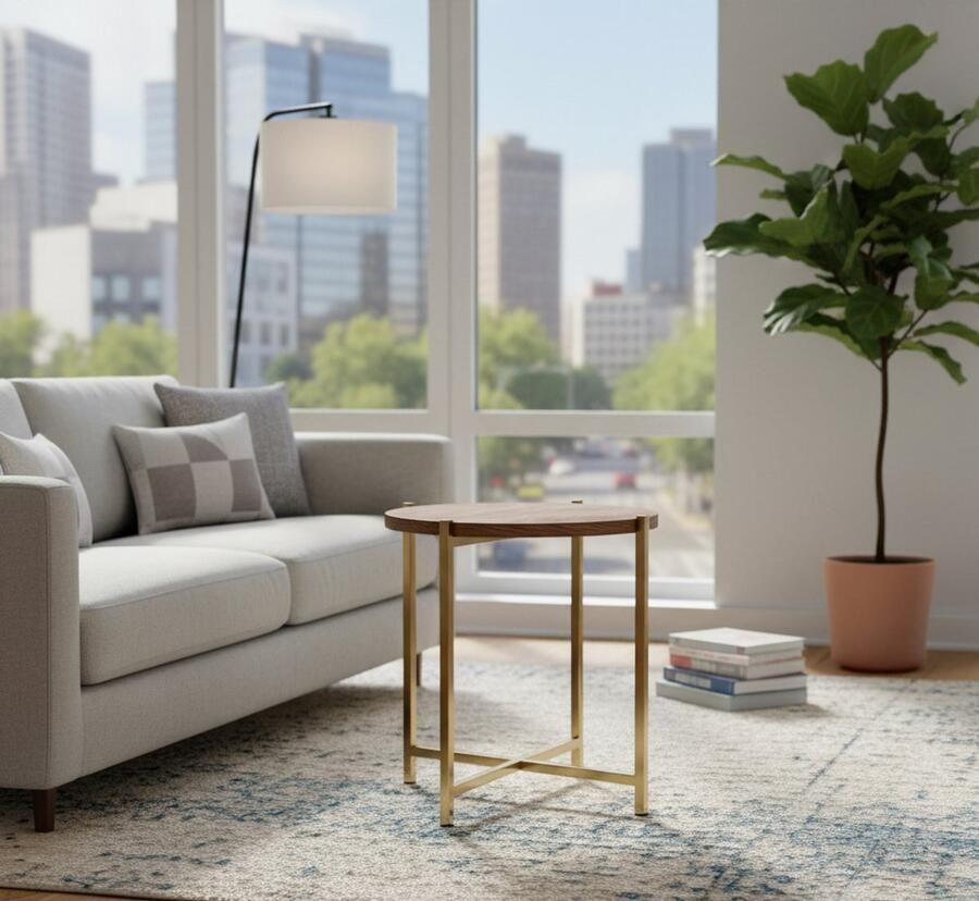 Industrialhome Bijzettafel Rond 40x40x40 cm Espresso Mangohout & Goud Metaal – Retro Modern Design – Handgemaakt – DoxGlo