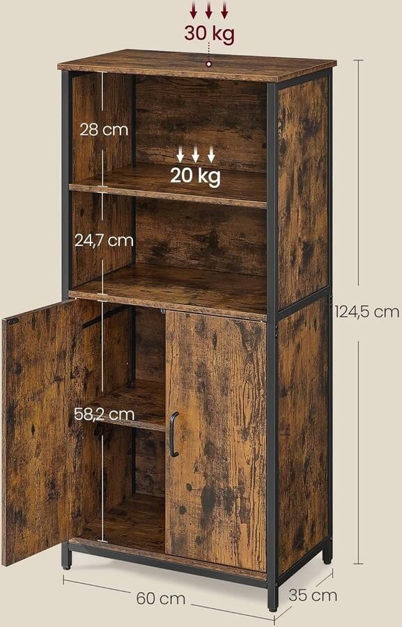 Industrialhome Boekenkast met Deuren – Industriële Kast met 2 Open Vakken en Verstelbare Legplank – Vintage Bruin Zwart – Boekenkast Opbergkast Keukenkast of Dressoir – 60x35x125 cm – Hout & Staal – Stevig & Multifunctioneel