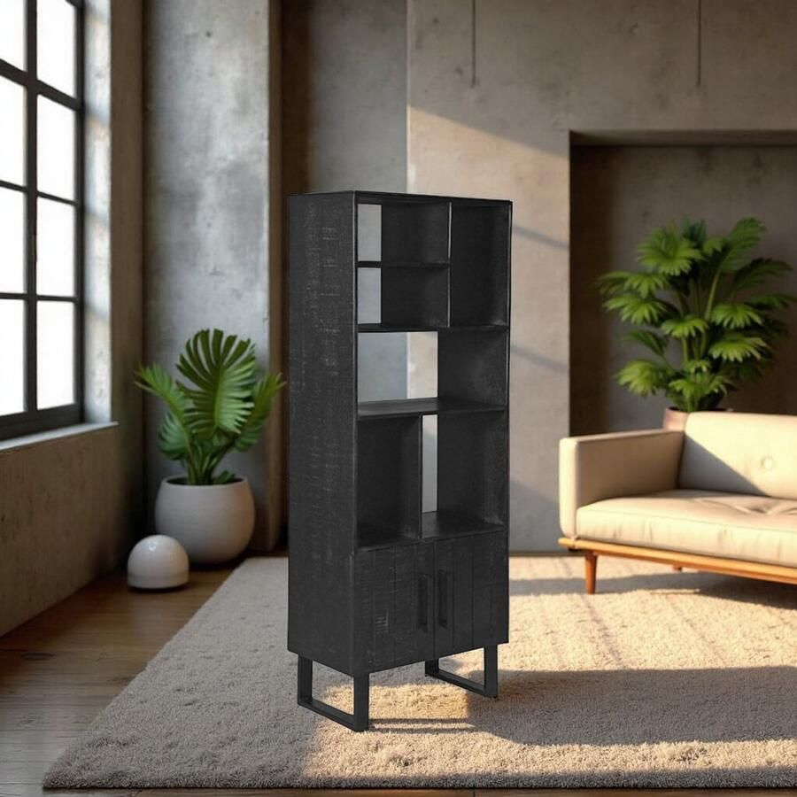 Industrialhome Boekenkast Santos XL – 74x40x190 cm – Zwart Massief Mangohout met Zwart Metalen Frame – Luxe Open Kast met 2 Deuren – Modern Industrieel Design – Handgemaakt