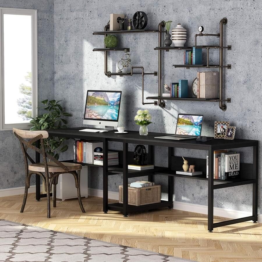 Industrialhome Bureau met Boekenplank – 200 cm Industrieel Bureau voor Twee Personen Extra Lang Werkstation met Opbergruimte Zwart & Houtlook