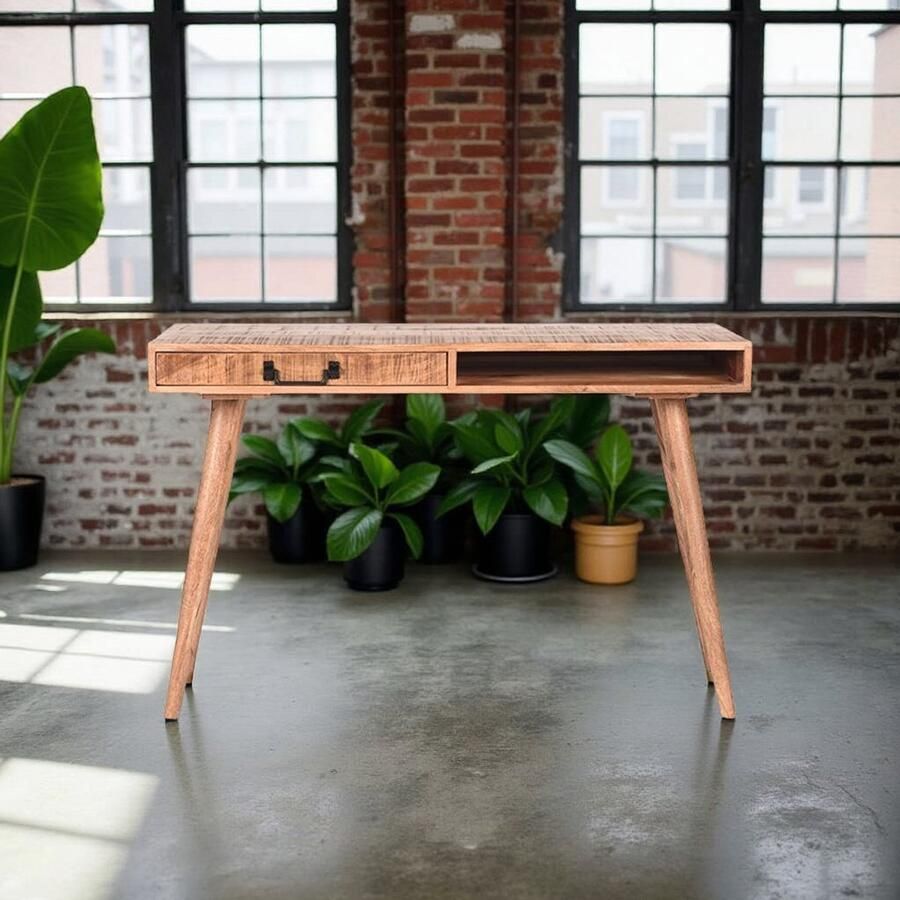 Industrialhome Bureau Vintage Mangohout 118x50 cm – Houten Designbureau met Lade en Opbergruimte – Handgemaakt Industrieel Bureau – Stevig Hout – Thuiswerkplek of Kinderkamer
