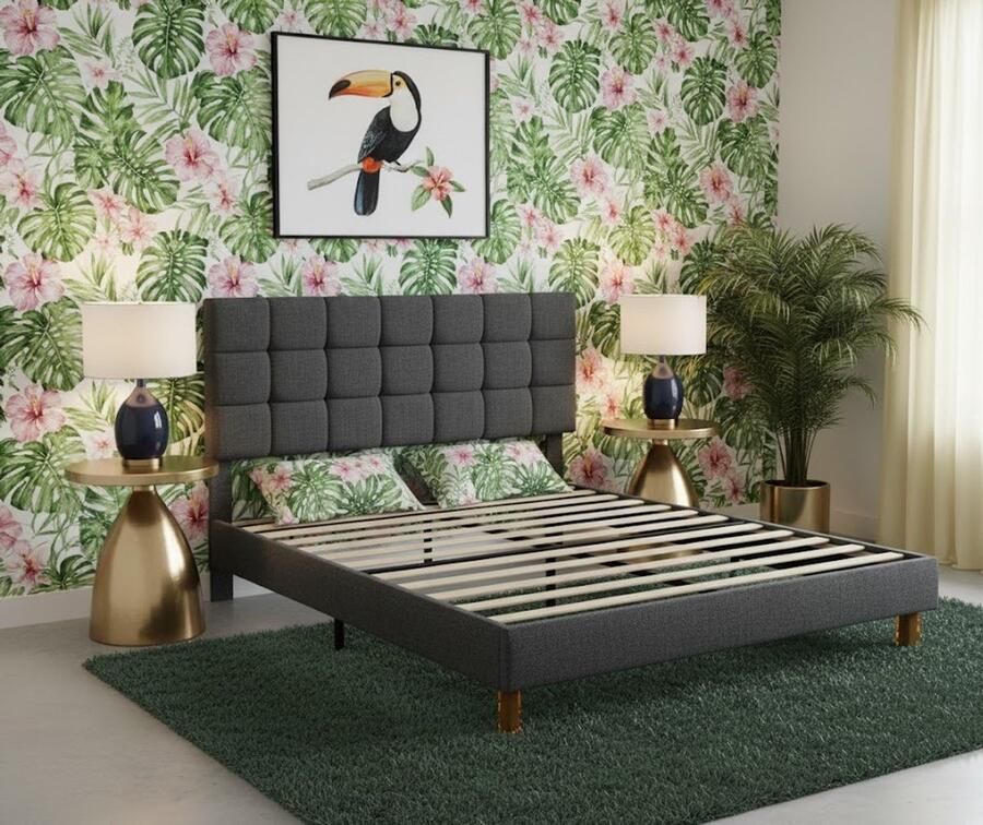 Industrialhome ComfortFlex Luxe Gestoffeerd Bed 140x200 cm – Tweepersoonsbed met Verstelbaar Hoofdbord – Modern Stoffen Bedframe met Lattenbodem – In Hoogte Verstelbaar Hoofdeinde – Stabiel & Geluidloos – Donkergrijs – Slaapkamer Meubel – Jeugdbed &