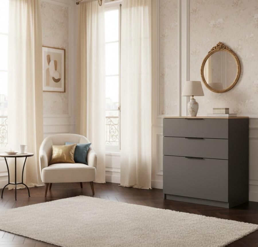 Industrialhome Commodekast Industrieel – “Betti Luxe” Dressoir met 3 Laden – 80x90x50 cm – Antraciet Sonoma – Moderne Opbergkast – Houten Ladekast voor Woonkamer Slaapkamer & Hal