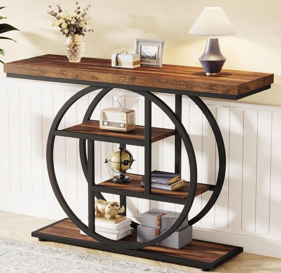 Industrialhome Consoletafel 105 cm – Luxe Industriële Haltafel met Cirkelbasis & 4 Etages – Smalle Vintage Accenttafel van Hout & Metaal – Stevig Opbergmeubel voor Woonkamer Gang Foyer of Achter Bank – Rustiek Bruin