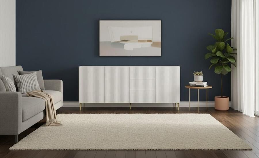 Industrialhome Design Dressoir Ravenna Luxe 200 cm Mat Wit 3 Kasten & 3 Laden Gefreesd MDF Front Push-to-Open Gouden Metalen Poten Modern Buffetkast voor Woonkamer of Eetkamer Hoogwaardige Afwerking