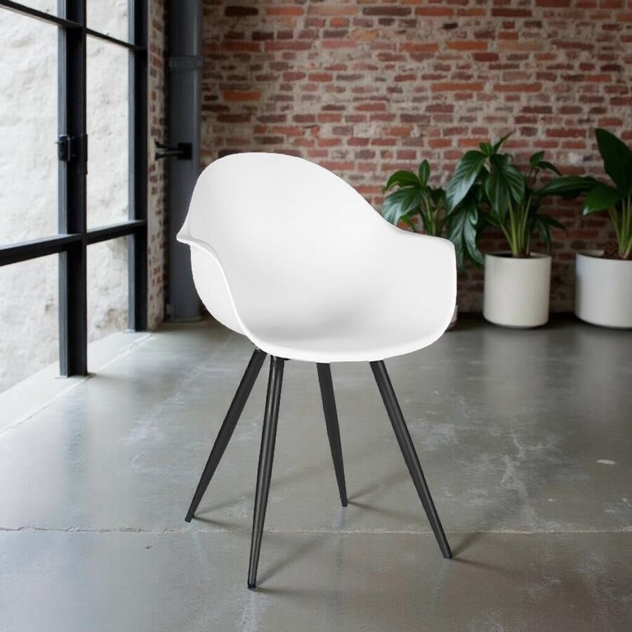Industrialhome Design Eetkamerstoel Milano – 58x54x85 cm – Wit Kunststof Kuipstoel met Zwart Metalen Poten – Comfortabele Binnen en Buitenstoel – Trendy Scandinavisch Design