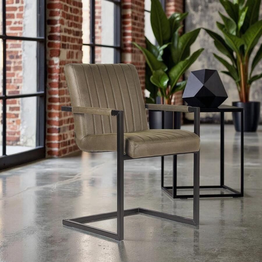 Industrialhome Design Eetkamerstoel Siena – 55x55x85 cm – Army Microvezel met Armleuningen – Zwart Metalen Frame – Luxe Comfortabele Industrieel Design Stoel voor Eetkamer & Woonkamer