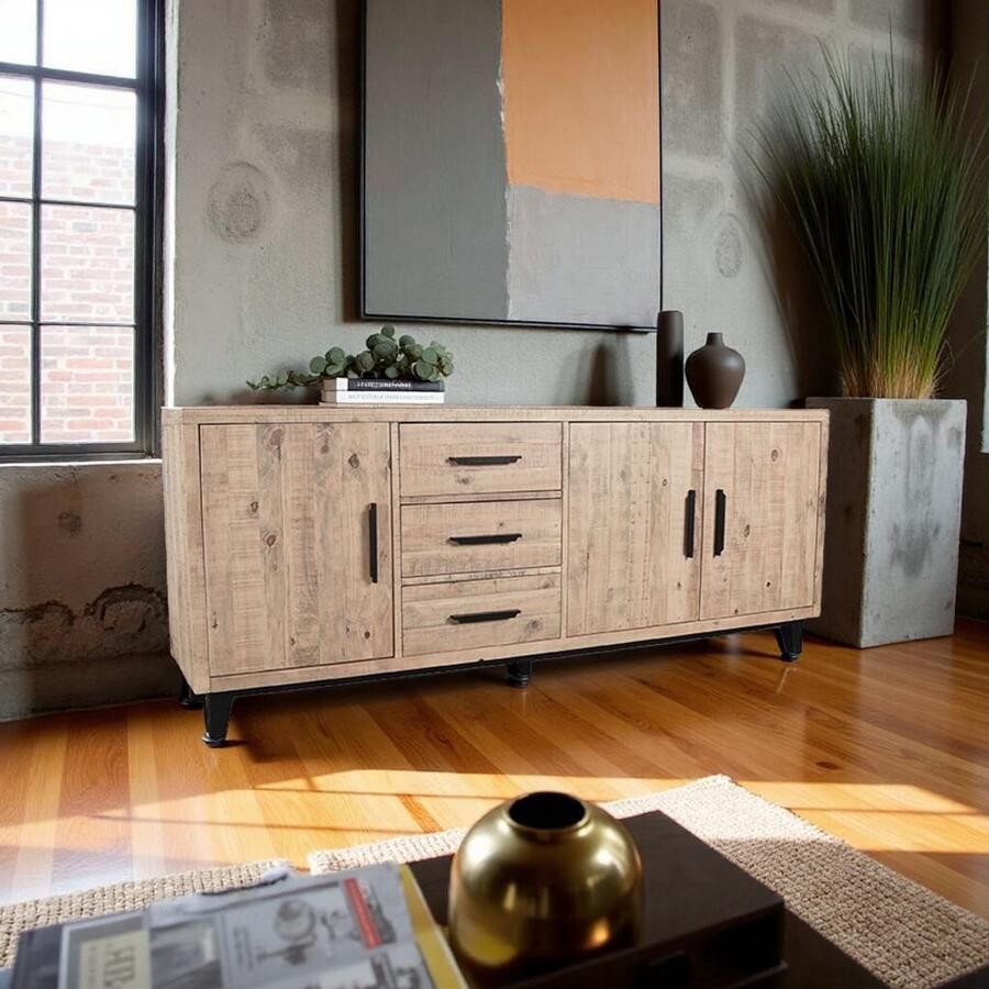 Industrialhome Dressoir Luno – 200x42x80 cm – Massief Naturel Pine & Zwart Metaal – 4 Deurs Kast – Industrieel & Robuust – Opbergkast Woonkamer