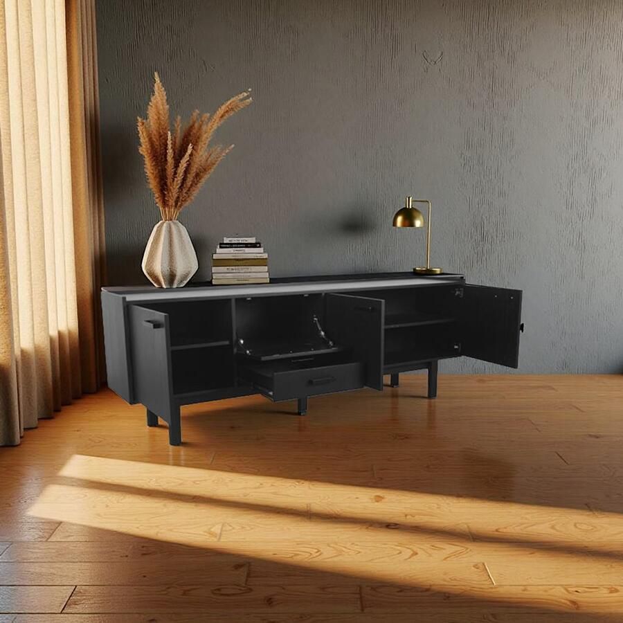 Industrialhome Dressoir Luxe Cali 220 cm – Zwart Eikenfineer & Zwart Metaal – Industrieel Modern Opbergmeubel – Grote Kast met Deuren Lade & Planken – Handgemaakt Design