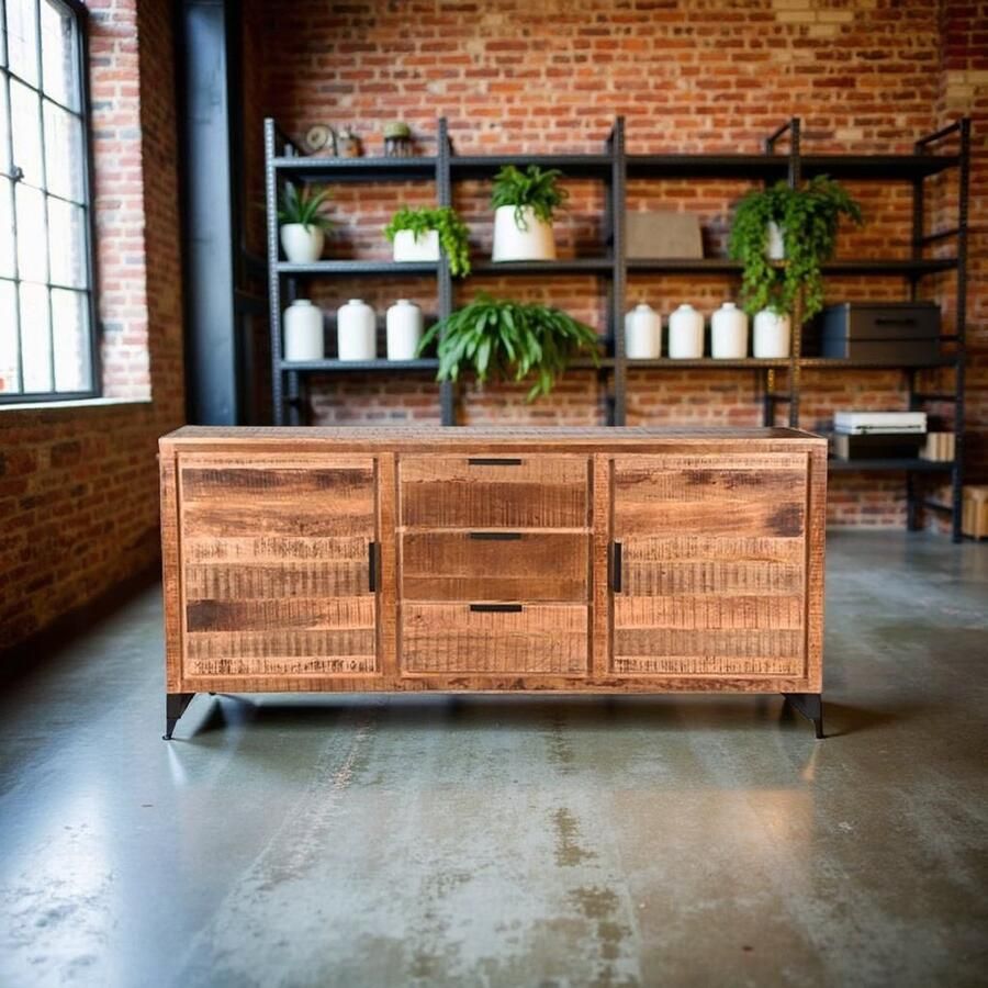 Industrialhome Dressoir Torino 190x45x85 cm – Ruw Mangohout met Zwart Metalen Sledepoten – Handgemaakt Industrieel Design Met Lades en Deuren
