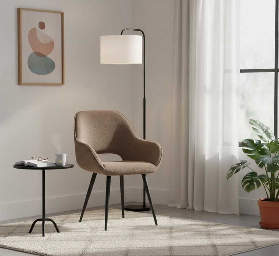 Industrialhome Eetkamerstoel Ferra Luxe Bruin Bouclé Stoel met Zwart Metalen Onderstel Comfortabele Armstoel voor Eettafel en Bureau