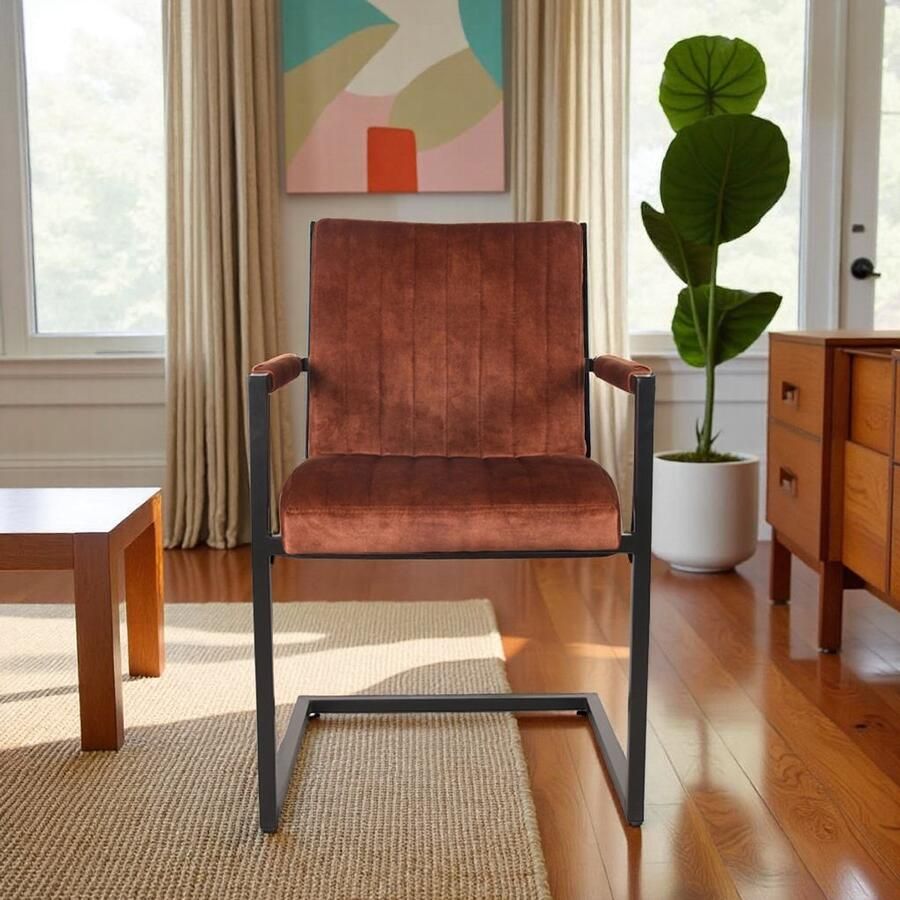 Industrialhome Eetkamerstoel Luca Rust Velours – Fluwelen Stoel met Armleuning – Zwart Metalen Frame – Industrieel & Retro – 55x55x85 cm – Comfortabele Designstoel –