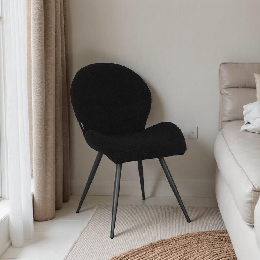 Industrialhome Eetkamerstoel Luxe Teddy Zwart – 51x64x87 cm – Zachte Stof – Zwart Metalen Poten – Comfortabele Designstoel – Moderne Stoel voor Eettafel of Bureau