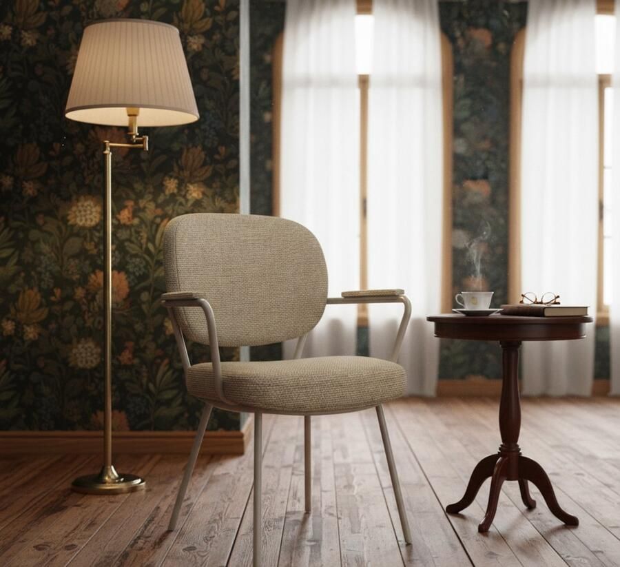 Industrialhome Eetkamerstoel met Armleuningen Oslo – 61x64x89 cm – Naturel Royal Boucle Stof – Taupe Metalen Onderstel – Scandinavische Design Stoel