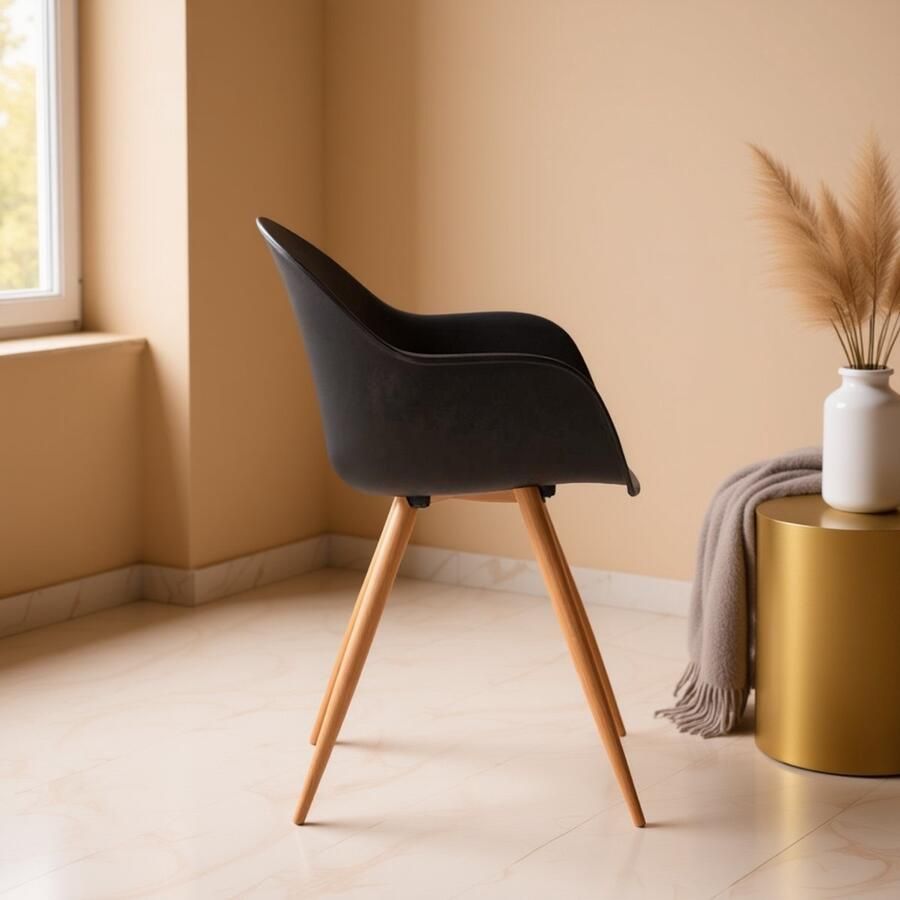 Industrialhome Eetkamerstoel Parma – Zwarte Kuipstoel met Armleuningen – Houten Look Onderstel – Comfortabele Design Stoel – 58x54x85 cm – Modern & Industrieel – Binnengebruik