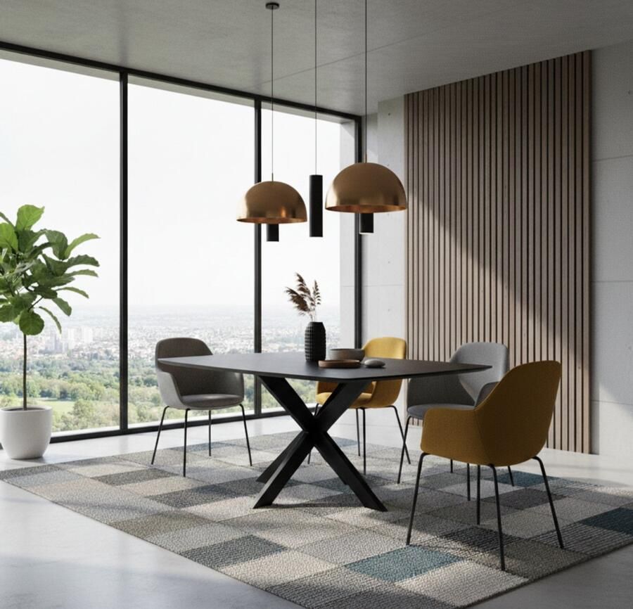 Industrialhome Eettafel Montana 140x140x76 cm – Vierkante Eettafel van Zwart Mangohout met Stoere Zwarte Metalen Spinpoot – Moderne Design Eettafel voor 4 tot 8 Personen