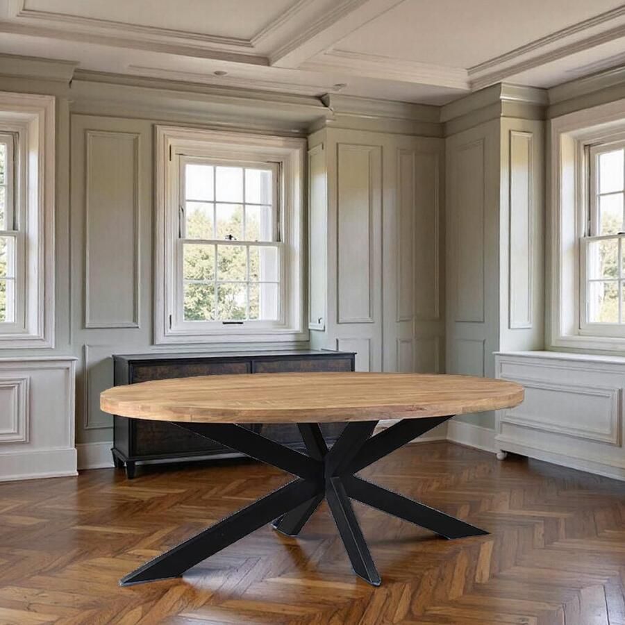 Industrialhome Eettafel Montana 210x100x76 cm – Robuuste Ovale Eettafel van Ruw Mangohout met Zwart Metalen Industrieel Onderstel – Handgemaakt & Duurzaam