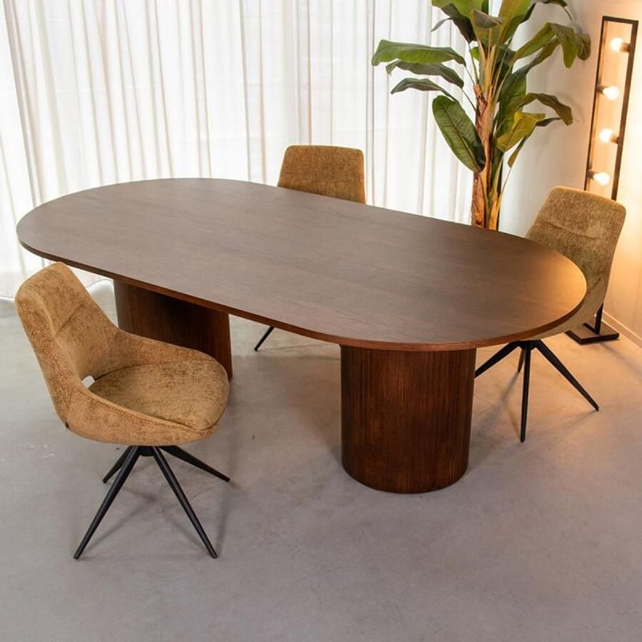 Industrialhome Eettafel Ovaal Walnoot Eiken 240x120 cm – Grote Houten Eettafel voor 6-8 Personen – Design Tafel met Cilindervormige Poten – Model Oliva Luxe –