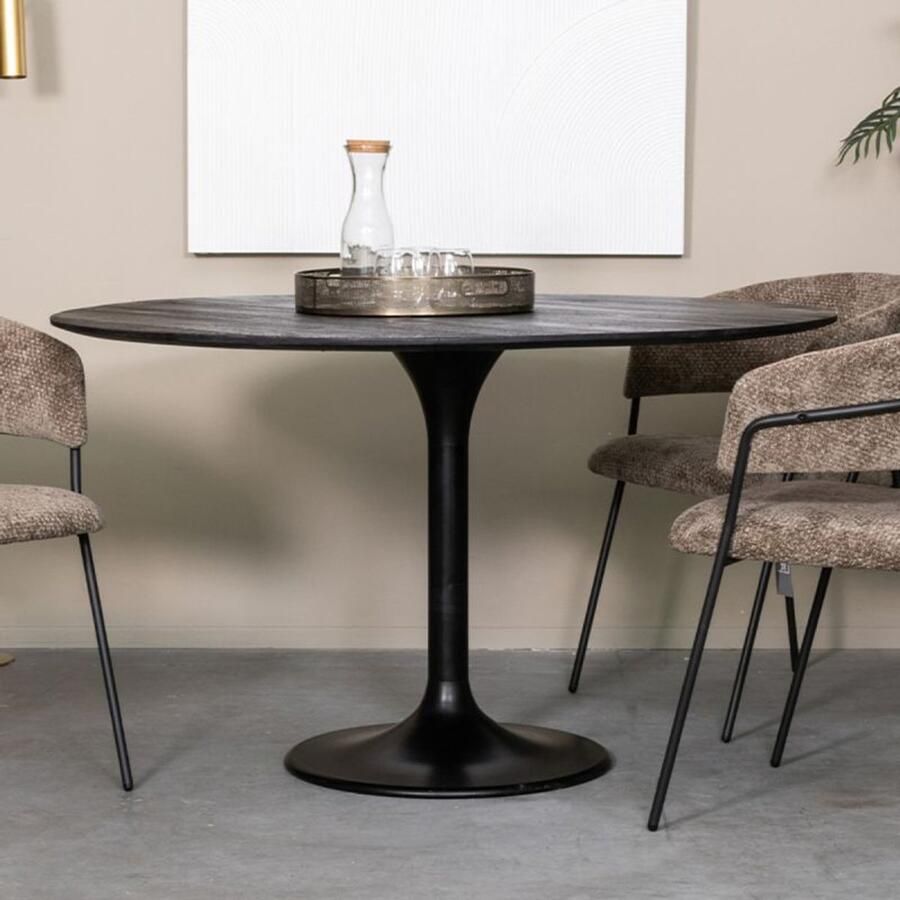 Industrialhome Eettafel Rond 130 cm – Zwart Mangohout & Zwart Metaal – 5 Personen – Industriële Eettafel RoundLux van