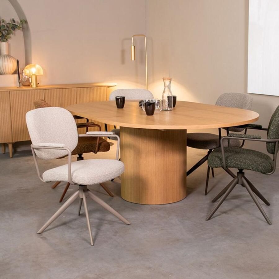 Industrialhome Eettafel Uitschuifbaar Naturel Eiken 150–200x130 cm – Ovale Design Tafel met Cilindervormige Poot – Scandinavische Uitschuiftafel voor 4–6 Personen – Model Oliva Extend –