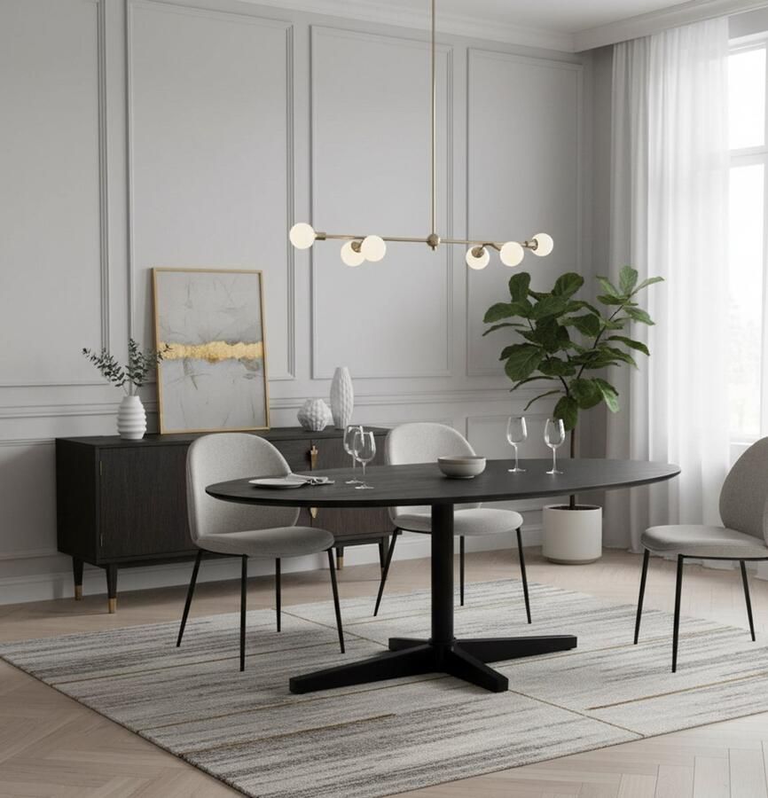 Industrialhome Eettafel Verno 260x110 cm – Ovaal – Zwart Mangohout & Zwart Metaal – Dun Tafelblad – Centrale Poot – Design Eetkamertafel –