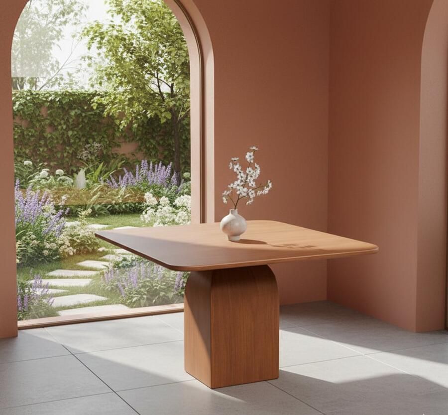 Industrialhome Eettafel Vierkant Mangohout Nature Smooth 130x130x76 cm – Industrieel Design Met Gebogen Middenpoot Robuuste Massief Houten Tafel voor 4 Personen