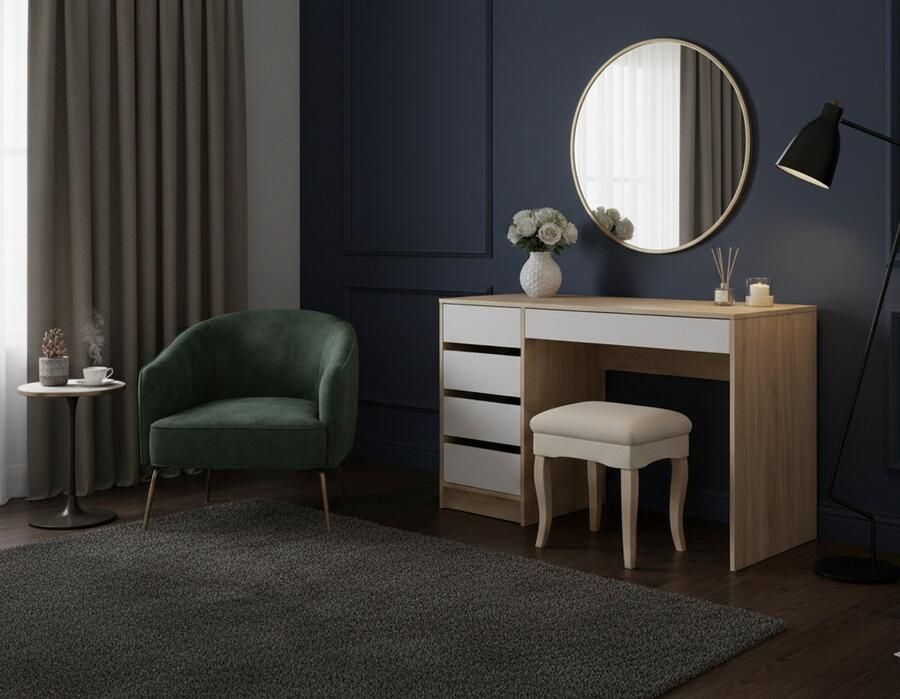 Industrialhome “Elegance Nova” Kaptafel zonder Spiegel – Wit Sonoma – 120 cm – Moderne Make-uptafel met 5 Lades – Dressoir Bureau – Krasbestendig & Onderhoudsvriendelijk – Duurzaam Spaanplaat – Luxe Design