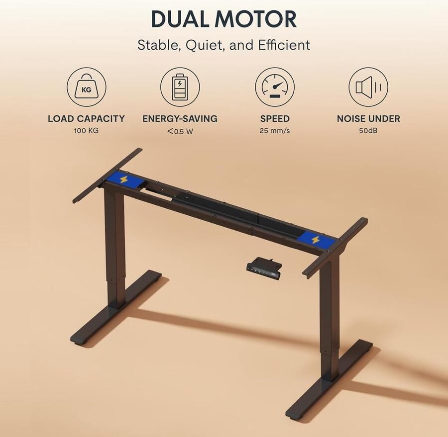 Industrialhome Elektrisch Hoogte Verstelbaar Bureau met Dubbele Motoren Ergonomisch Zit-Sta Bureau 140 x 70 cm Massief Esdoorn Houten Tafelblad & Zwart Stalen Frame