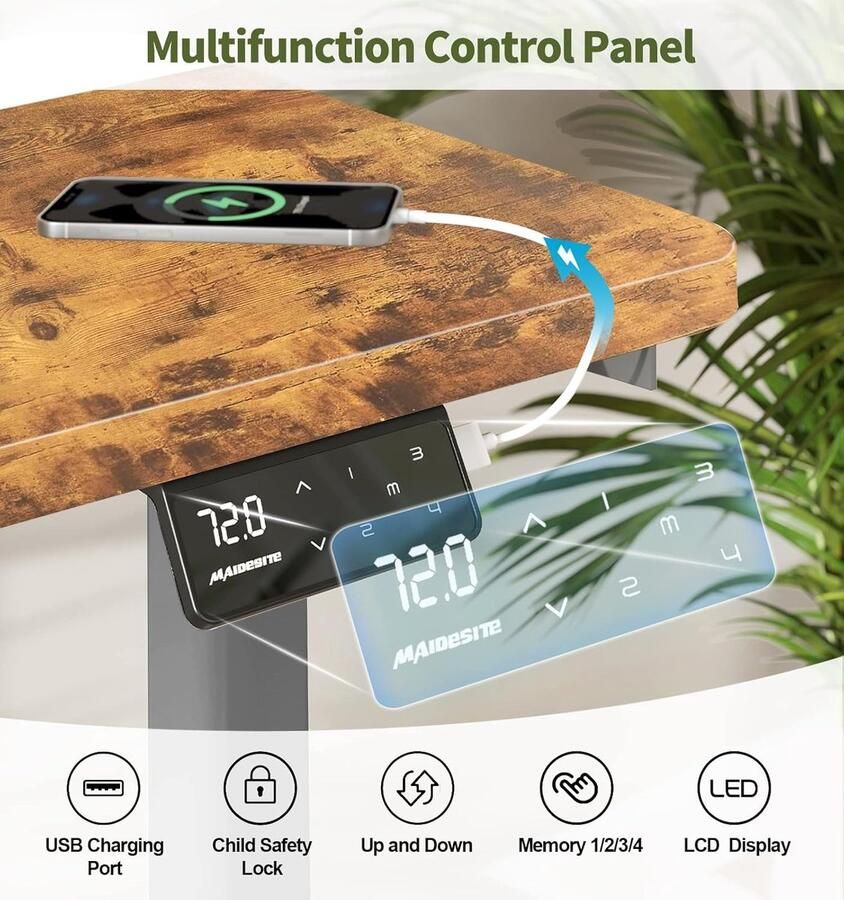 Industrialhome Elektrisch In Hoogte Verstelbaar Bureau 140x70 cm – Zit Sta Bureau met Geheugenfunctie – Staand Bureau – Ergonomisch Kantoor Bureau – Grijs Frame + Vintage Bruin Tafelblad